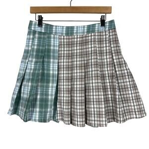 Missguided Mini Skirt Womens 8 Green Tan Colorblock Plaid Pleated School Girl